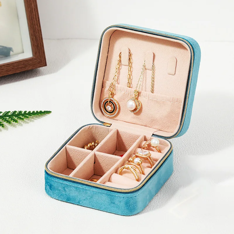 Plush Velvet Jewelry Box Necklace Ring Earrings Organizer Holder Travel Portable Zipper Square Jewelry Storage Case For Women