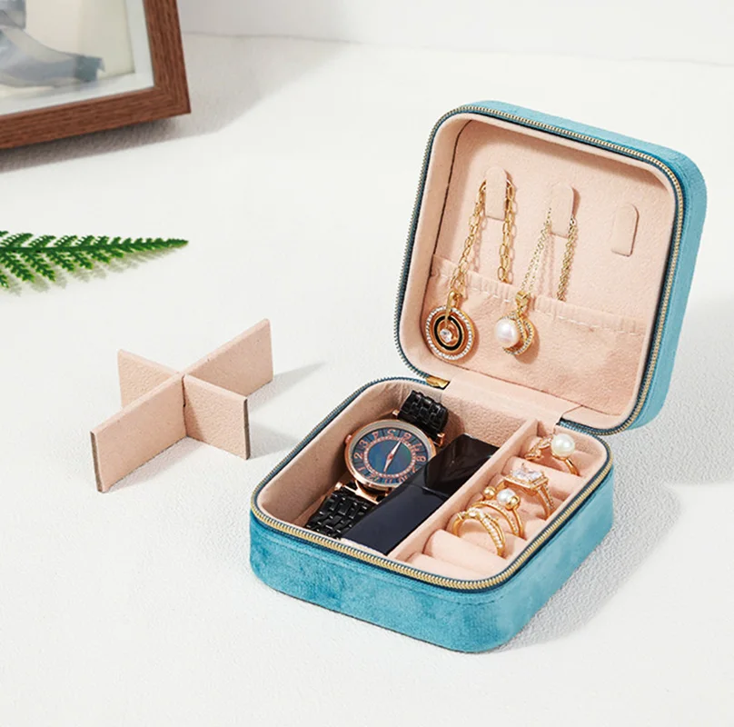 Plush Velvet Jewelry Box Necklace Ring Earrings Organizer Holder Travel Portable Zipper Square Jewelry Storage Case For Women
