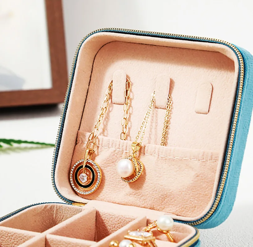Plush Velvet Jewelry Box Necklace Ring Earrings Organizer Holder Travel Portable Zipper Square Jewelry Storage Case For Women