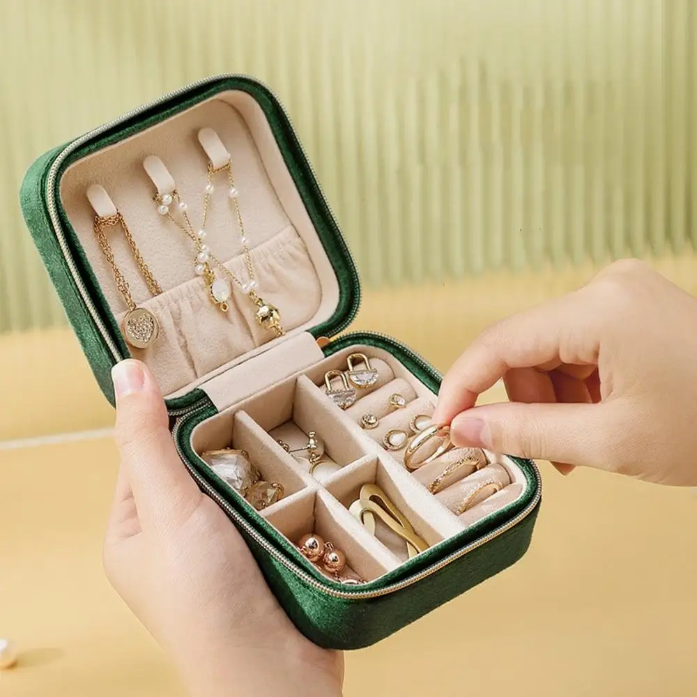 Plush Velvet Jewelry Box Necklace Ring Earrings Organizer Holder Travel Portable Zipper Square Jewelry Storage Case For Women