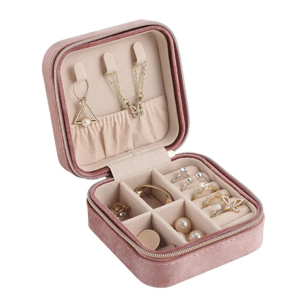 Plush Velvet Jewelry Box Necklace Ring Earrings Organizer Holder Travel Portable Zipper Square Jewelry Storage Case For Women