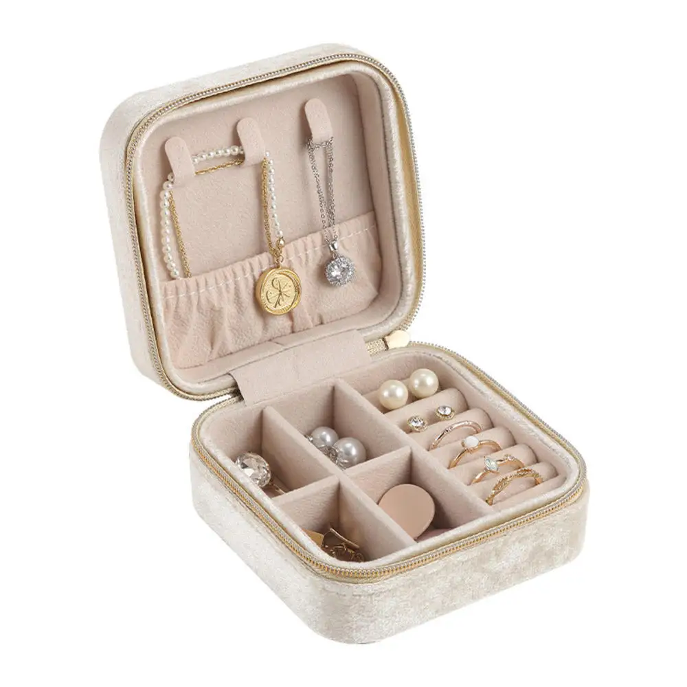 Plush Velvet Jewelry Box Necklace Ring Earrings Organizer Holder Travel Portable Zipper Square Jewelry Storage Case For Women
