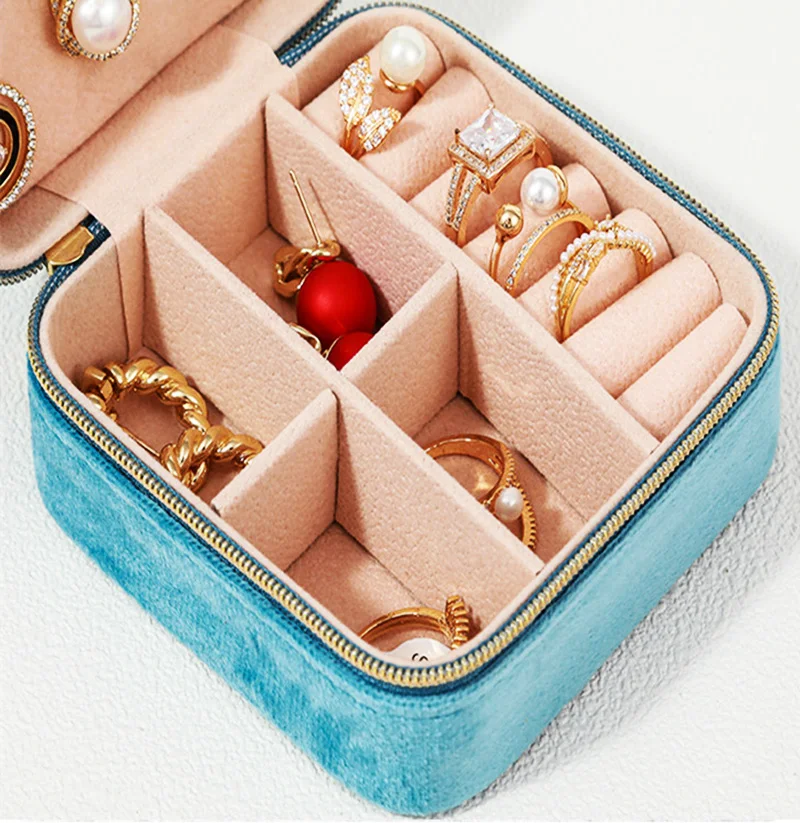 Plush Velvet Jewelry Box Necklace Ring Earrings Organizer Holder Travel Portable Zipper Square Jewelry Storage Case For Women