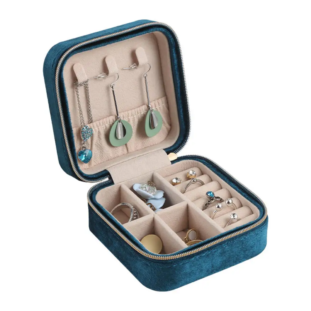 Plush Velvet Jewelry Box Necklace Ring Earrings Organizer Holder Travel Portable Zipper Square Jewelry Storage Case For Women
