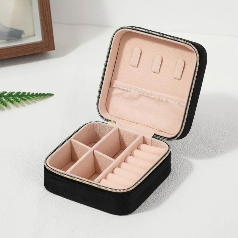 Plush Velvet Jewelry Box Necklace Ring Earrings Organizer Holder Travel Portable Zipper Square Jewelry Storage Case For Women