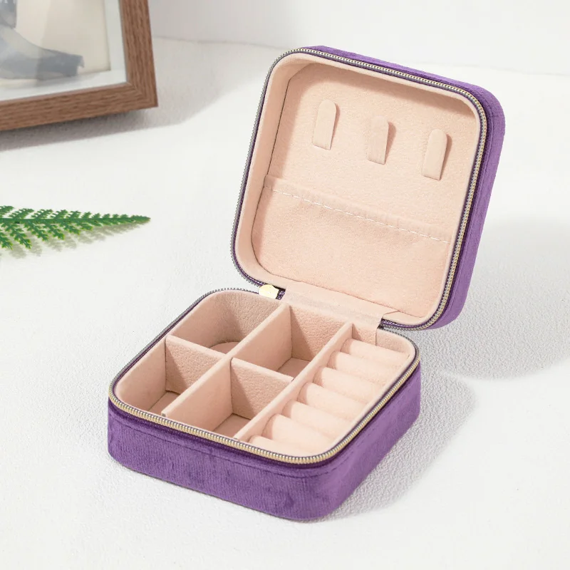 Plush Velvet Jewelry Box Necklace Ring Earrings Organizer Holder Travel Portable Zipper Square Jewelry Storage Case For Women
