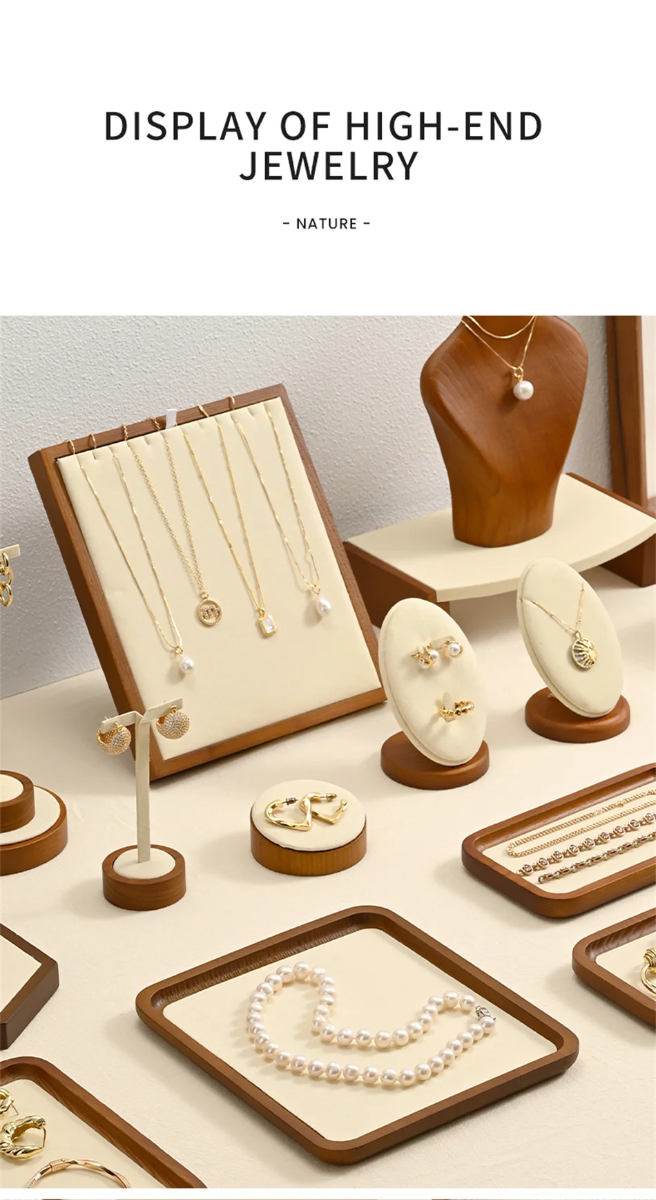 Oirlv Wooden Display Stand Set Beige Velvet Jewelry Ideal for Jeweler & Home Organizer for Necklaces Rings, Earrings, Bracelets