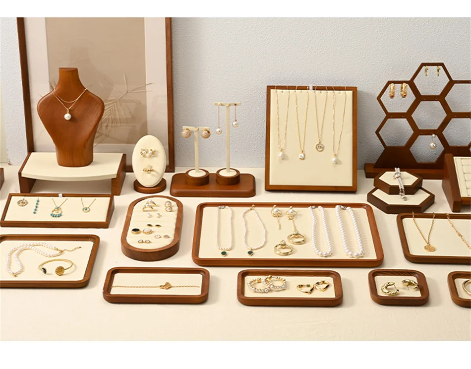 Oirlv Wooden Display Stand Set Beige Velvet Jewelry Ideal for Jeweler & Home Organizer for Necklaces Rings, Earrings, Bracelets