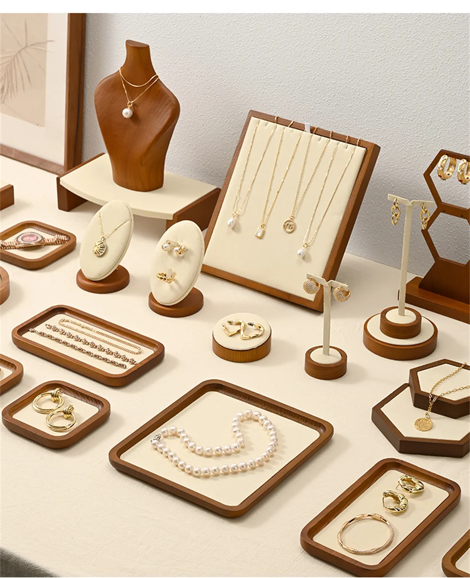 Oirlv Wooden Display Stand Set Beige Velvet Jewelry Ideal for Jeweler & Home Organizer for Necklaces Rings, Earrings, Bracelets