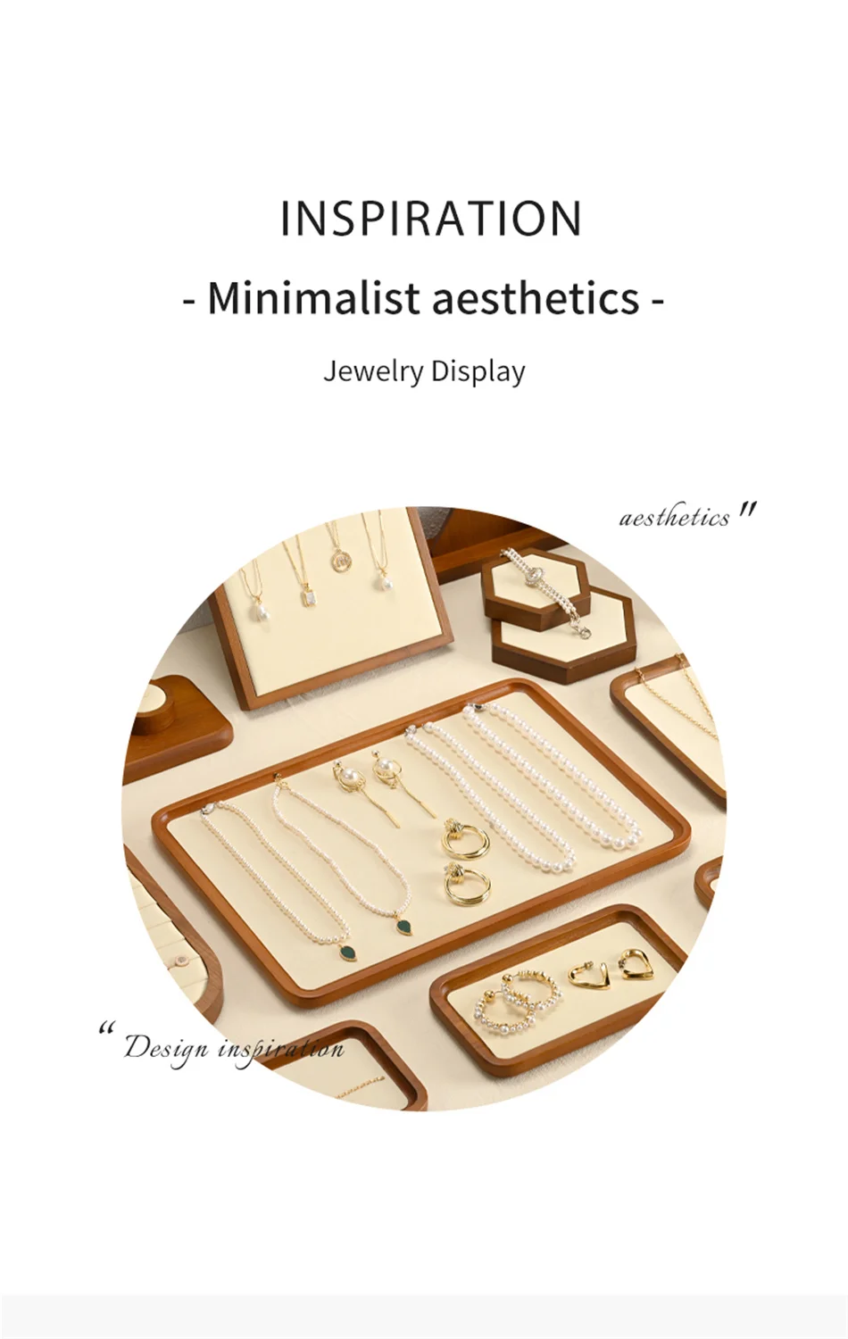 Oirlv Wooden Display Stand Set Beige Velvet Jewelry Ideal for Jeweler & Home Organizer for Necklaces Rings, Earrings, Bracelets