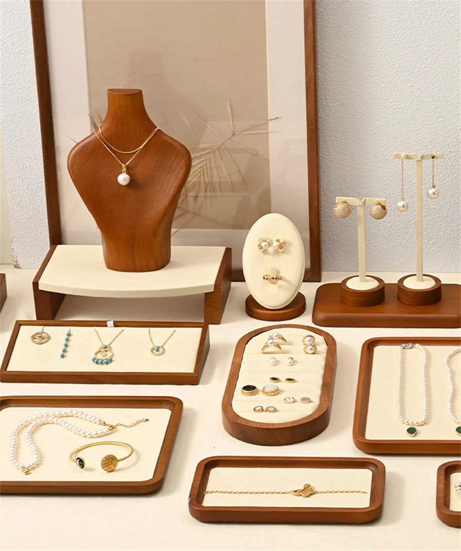 Oirlv Wooden Display Stand Set Beige Velvet Jewelry Ideal for Jeweler & Home Organizer for Necklaces Rings, Earrings, Bracelets
