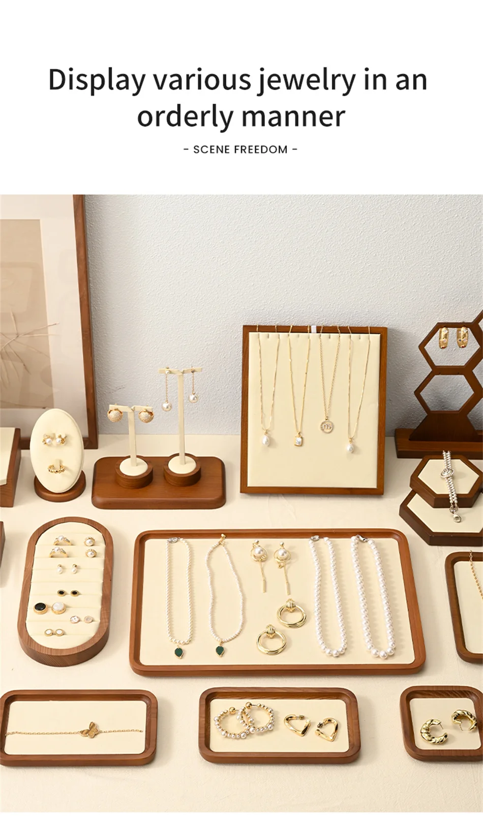Oirlv Wooden Display Stand Set Beige Velvet Jewelry Ideal for Jeweler & Home Organizer for Necklaces Rings, Earrings, Bracelets
