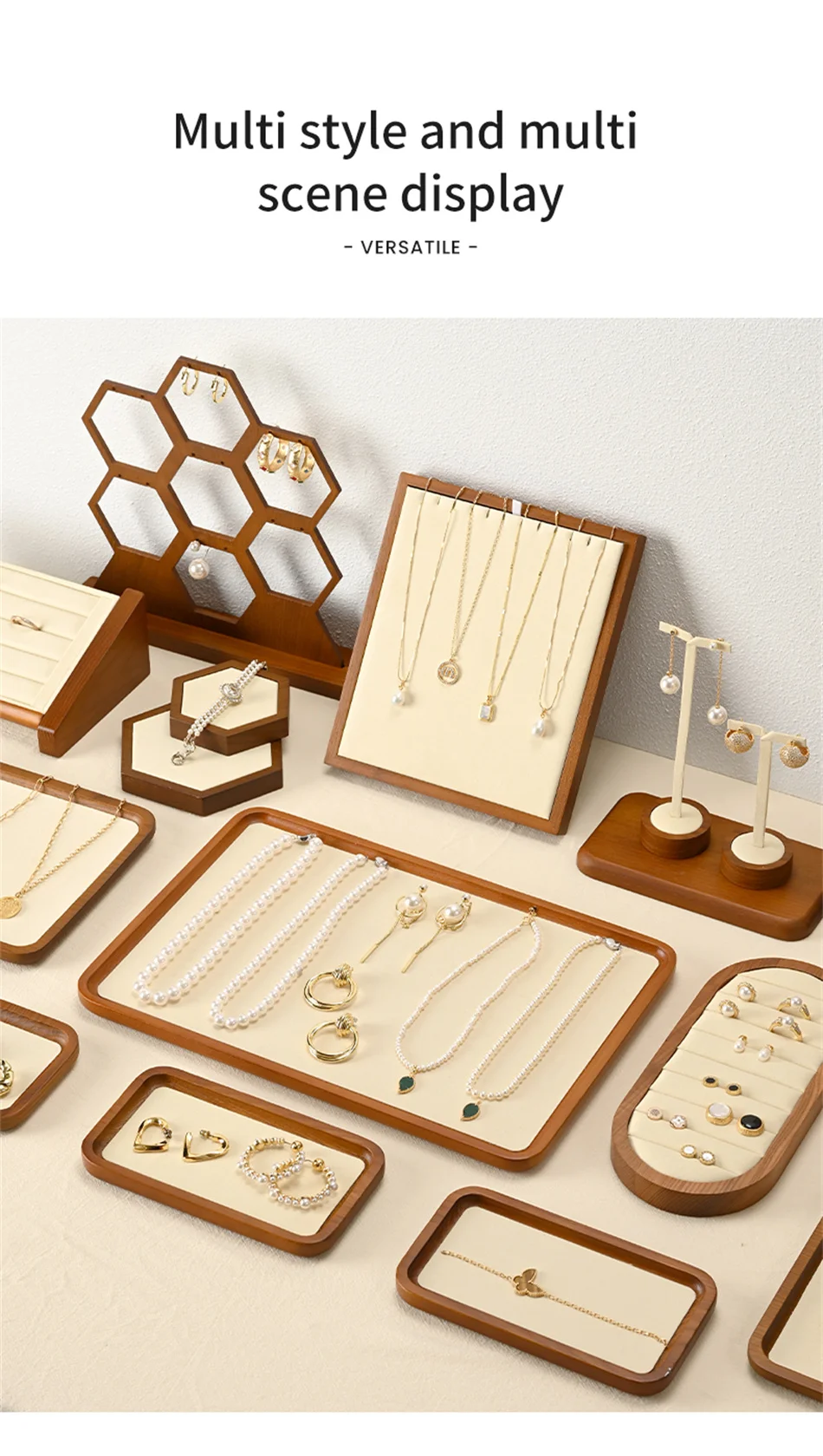 Oirlv Wooden Display Stand Set Beige Velvet Jewelry Ideal for Jeweler & Home Organizer for Necklaces Rings, Earrings, Bracelets