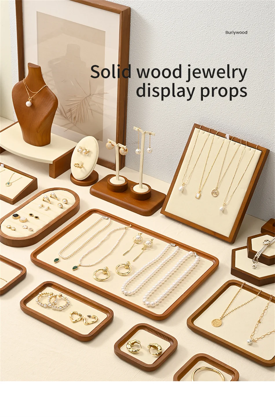 Oirlv Wooden Display Stand Set Beige Velvet Jewelry Ideal for Jeweler & Home Organizer for Necklaces Rings, Earrings, Bracelets
