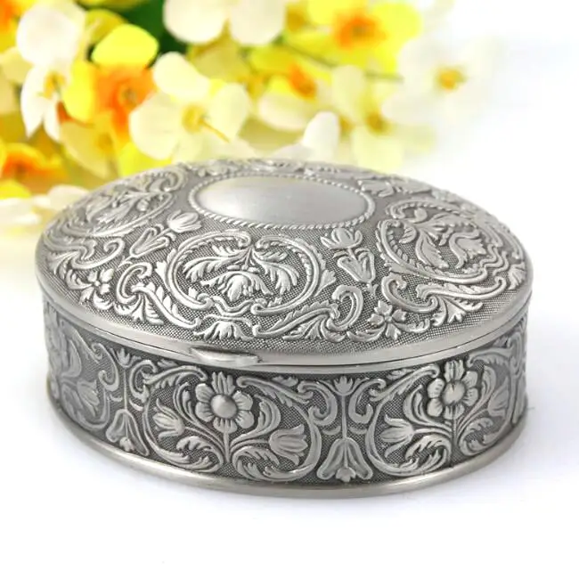 Size S 8.8x7x3.9cm Vintage Jewelry Box RetroTrinket Case Gift Storage Metal Box Antique Flower Carved Oval Shape Chest