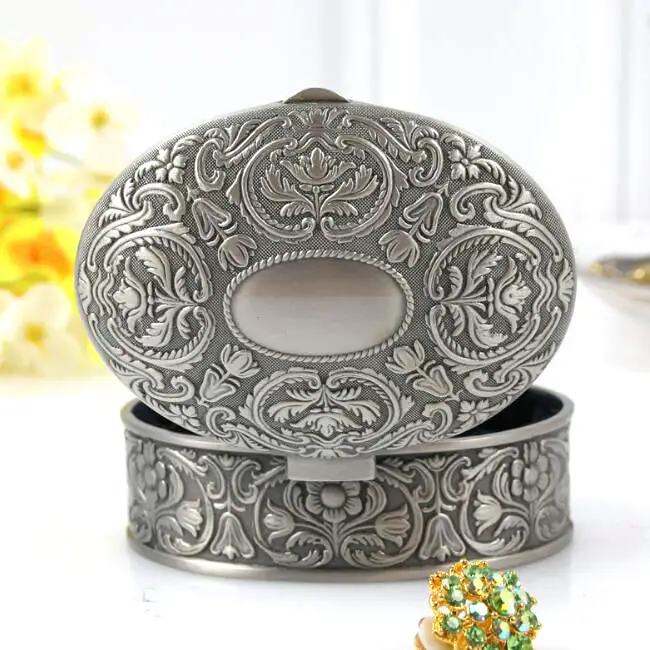 Size S 8.8x7x3.9cm Vintage Jewelry Box RetroTrinket Case Gift Storage Metal Box Antique Flower Carved Oval Shape Chest