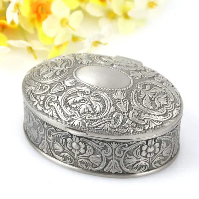Size S 8.8x7x3.9cm Vintage Jewelry Box RetroTrinket Case Gift Storage Metal Box Antique Flower Carved Oval Shape Chest