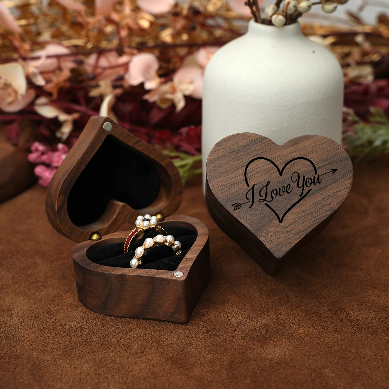Vintage Wood Heart-Shaped Ring Jewelry Box, Magnetic Jewelry Organizer with Drawer, Wedding Engagement Gift, Ring Storage Case