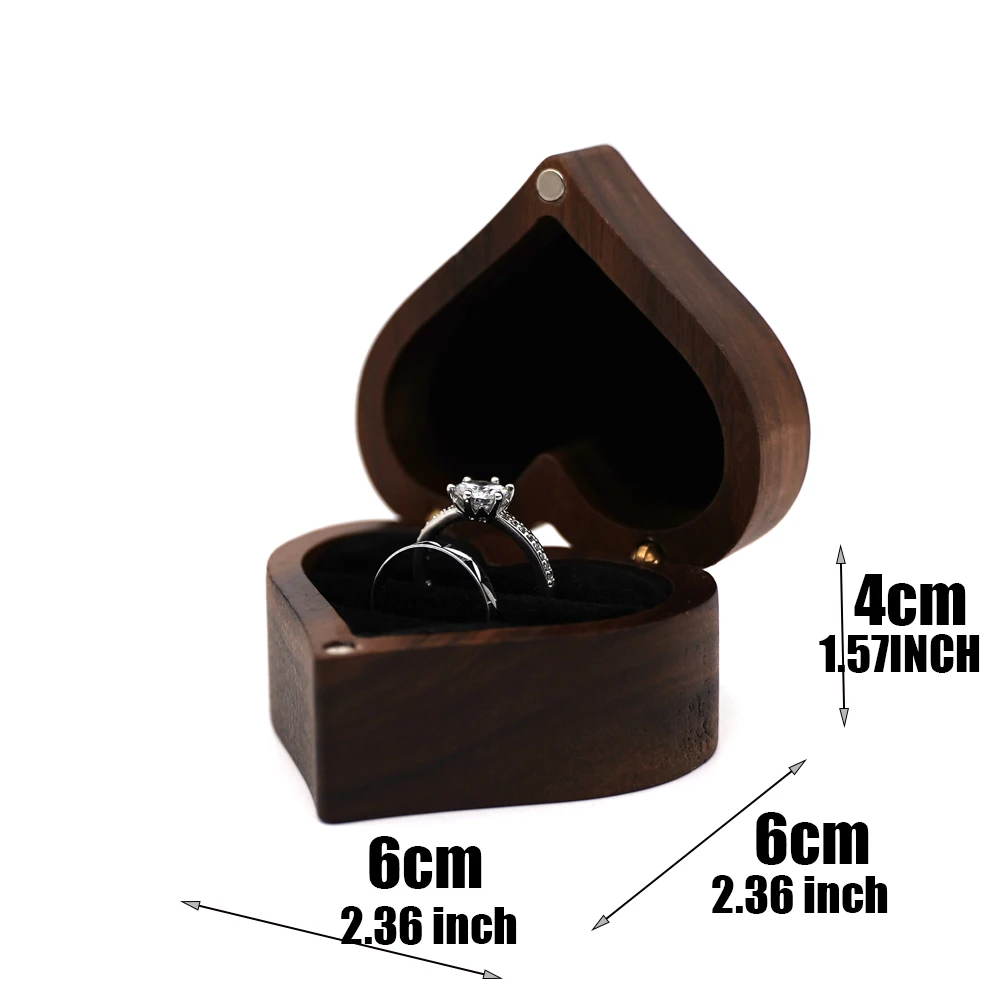 Vintage Wood Heart-Shaped Ring Jewelry Box, Magnetic Jewelry Organizer with Drawer, Wedding Engagement Gift, Ring Storage Case