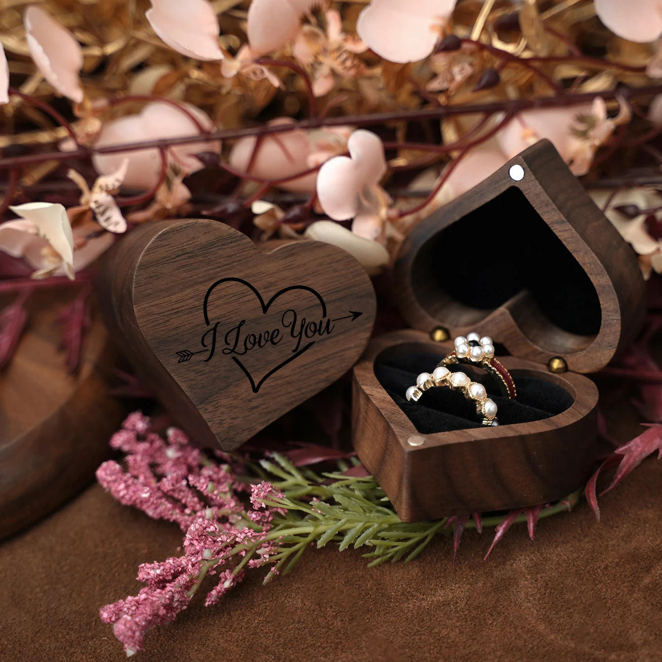 Vintage Wood Heart-Shaped Ring Jewelry Box, Magnetic Jewelry Organizer with Drawer, Wedding Engagement Gift, Ring Storage Case