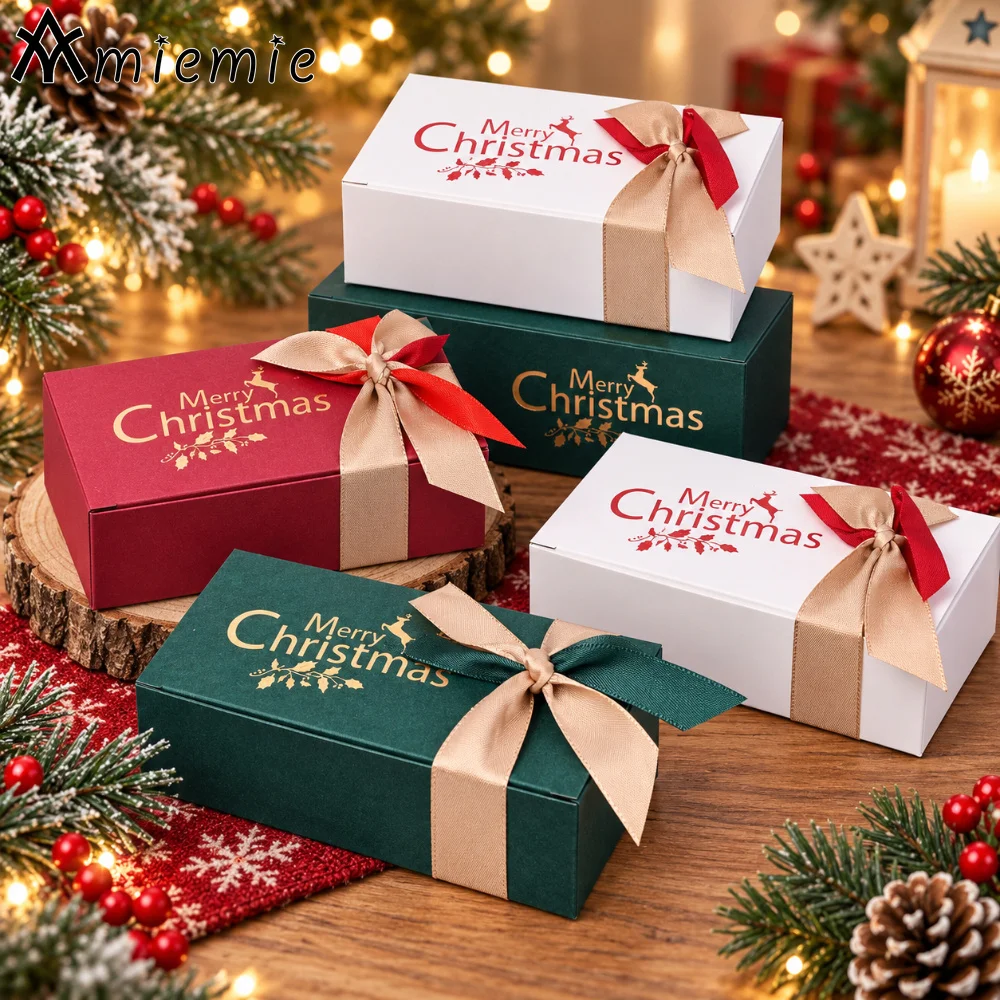 5Pcs Christmas Jewelry Gift Boxes With Ribbon Bow Small Merry Christmas Box For Ring Necklace Earring Bracelet Gift Packaging