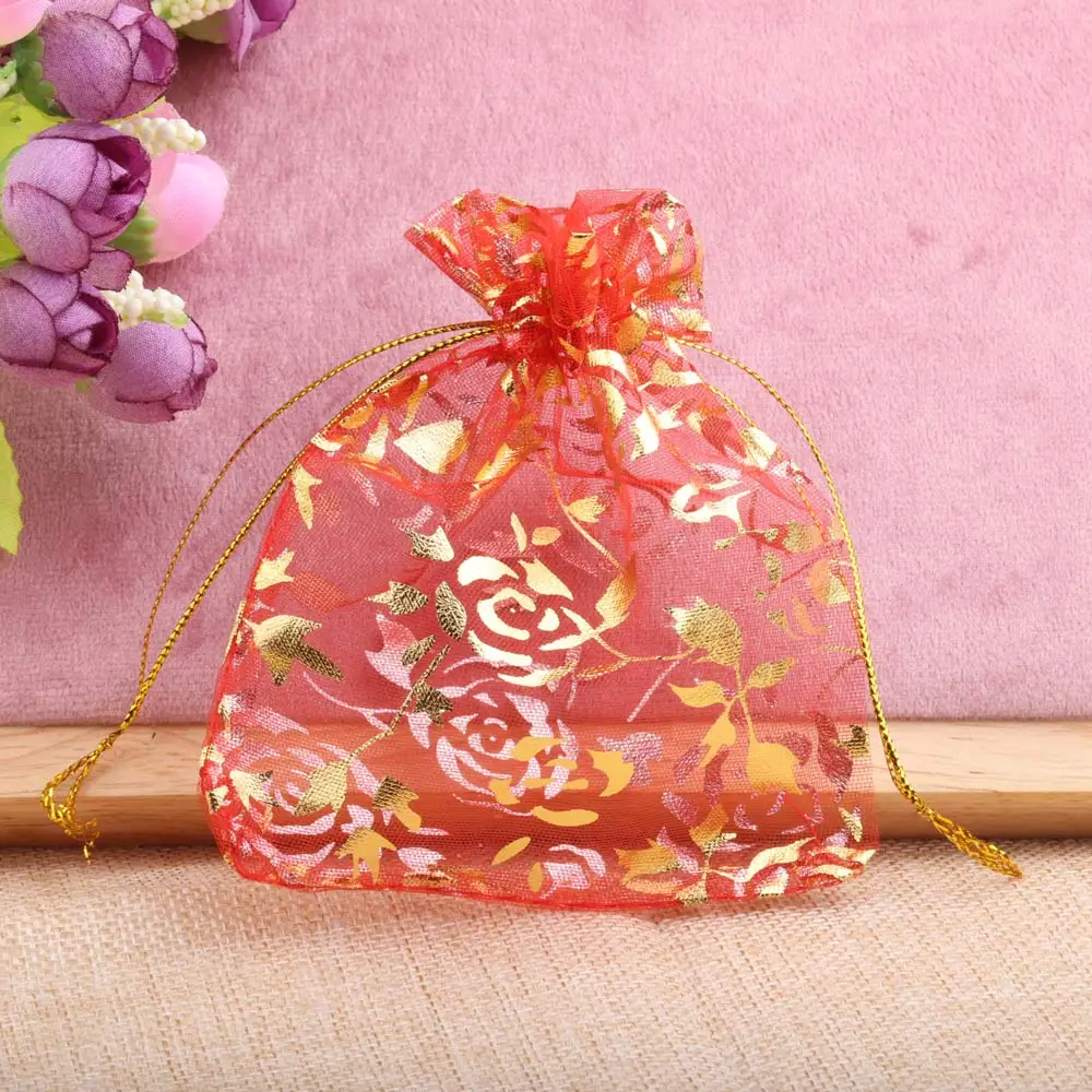50pcs Small Rose Organza Jewelry Bags 7x9cm Wedding Party Christmas Candy Gold Color Drawstring Packaging Pouches Wholesale