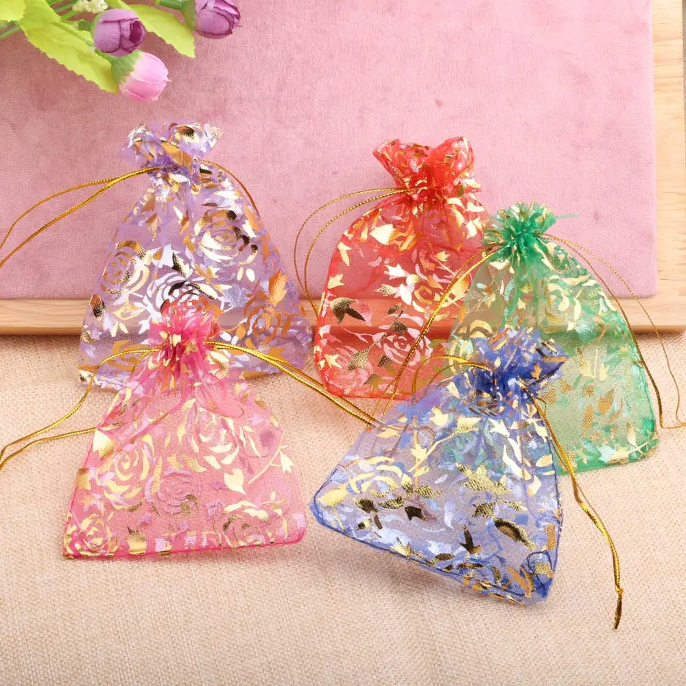 50pcs Small Rose Organza Jewelry Bags 7x9cm Wedding Party Christmas Candy Gold Color Drawstring Packaging Pouches Wholesale
