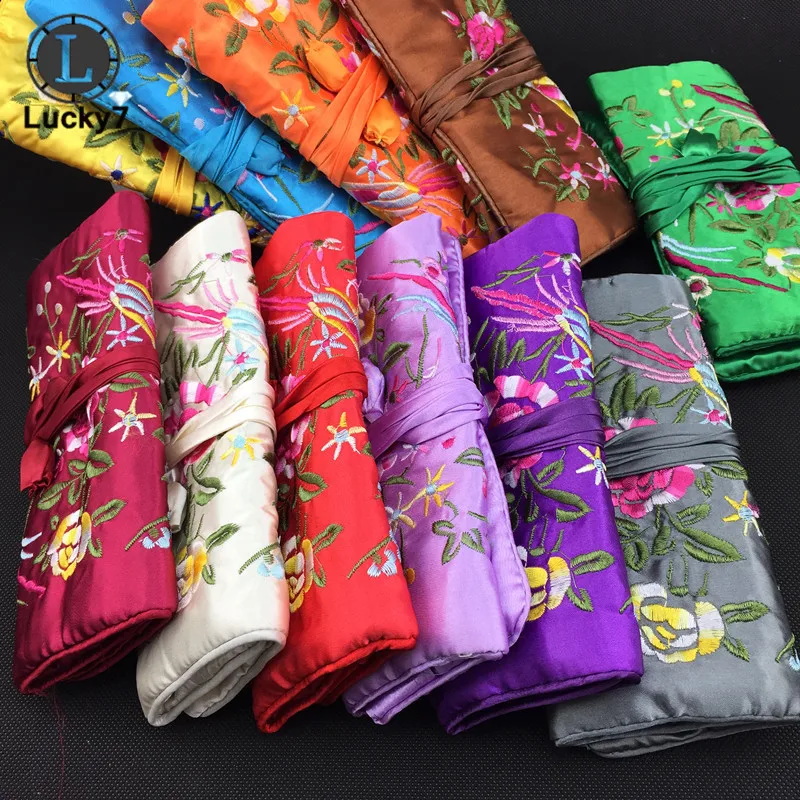 Embroidered Jewelry Storage Bag Chinese Wind Silk Jewelry Organizer Travel Pouch Ring Necklace Zipper Embroidery Bird Roll Bag