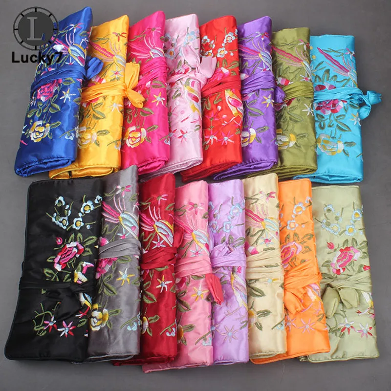 Embroidered Jewelry Storage Bag Chinese Wind Silk Jewelry Organizer Travel Pouch Ring Necklace Zipper Embroidery Bird Roll Bag