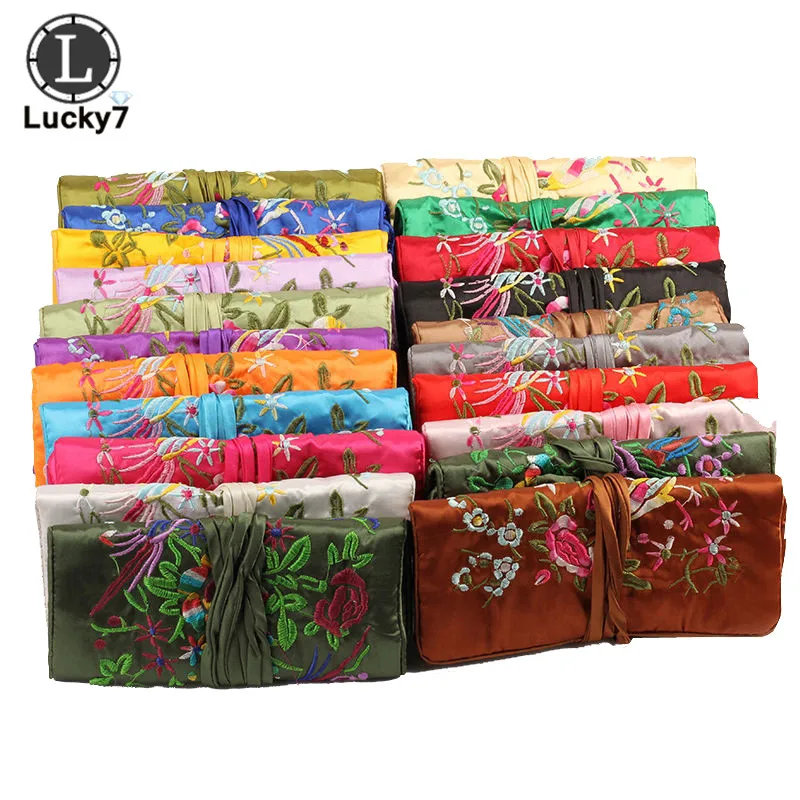 Embroidered Jewelry Storage Bag Chinese Wind Silk Jewelry Organizer Travel Pouch Ring Necklace Zipper Embroidery Bird Roll Bag