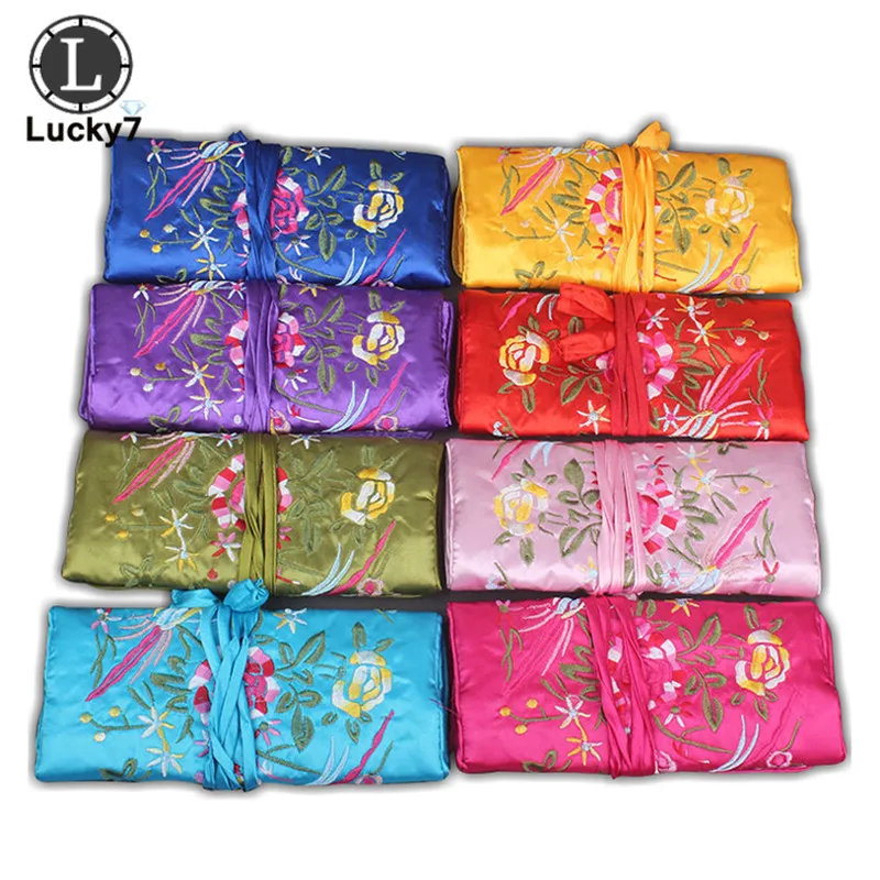 Embroidered Jewelry Storage Bag Chinese Wind Silk Jewelry Organizer Travel Pouch Ring Necklace Zipper Embroidery Bird Roll Bag