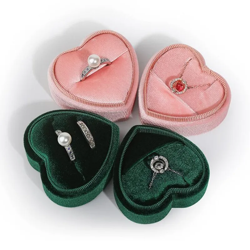 1 Pcs 5.5x5x3.5cm Pink/Green Heart Shaped Jewelry Box Corduroy Ring Pair Pendant Box Simple and Exquisite Jewelry Storage Box