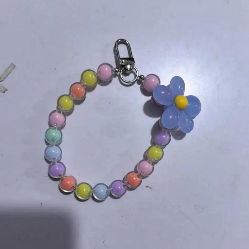Homefish Ins Kawaii Flower Beaded Phone Wrist Lanyard Macaron Round Bead Anti-lost Keychain Short Mobile Phone Pendant