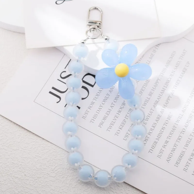 Homefish Ins Kawaii Flower Beaded Phone Wrist Lanyard Macaron Round Bead Anti-lost Keychain Short Mobile Phone Pendant