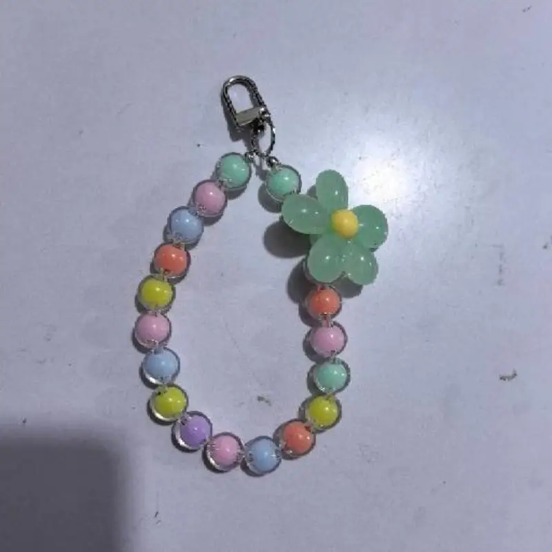 Homefish Ins Kawaii Flower Beaded Phone Wrist Lanyard Macaron Round Bead Anti-lost Keychain Short Mobile Phone Pendant