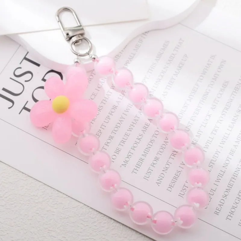 Homefish Ins Kawaii Flower Beaded Phone Wrist Lanyard Macaron Round Bead Anti-lost Keychain Short Mobile Phone Pendant