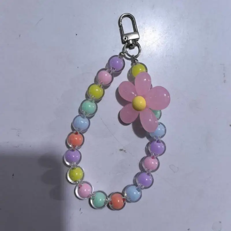 Homefish Ins Kawaii Flower Beaded Phone Wrist Lanyard Macaron Round Bead Anti-lost Keychain Short Mobile Phone Pendant