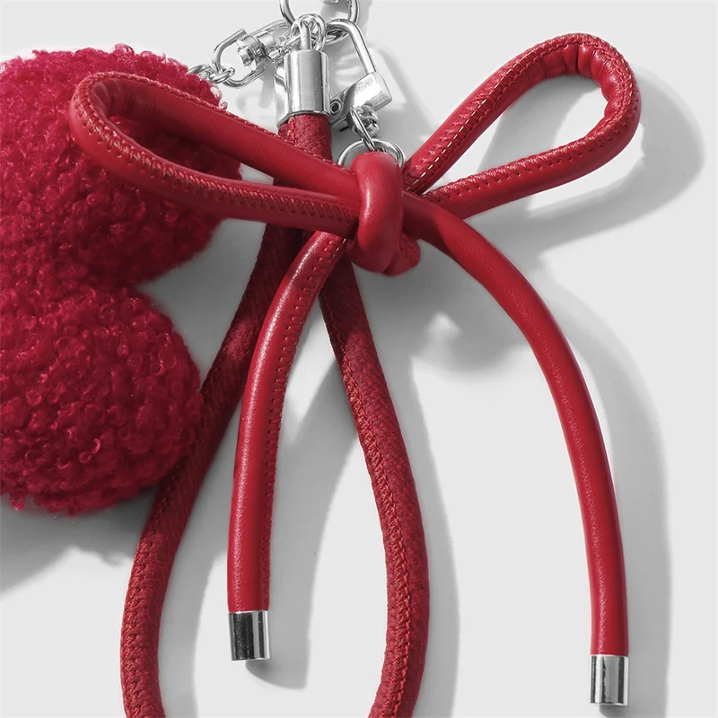 Sweet Plush Love Heart Bag Charm Keychain Pendant with Woven Rope Bow for Backpack Car Key Decoration Keyring