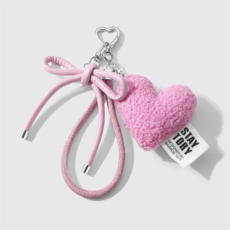 Sweet Plush Love Heart Bag Charm Keychain Pendant with Woven Rope Bow for Backpack Car Key Decoration Keyring