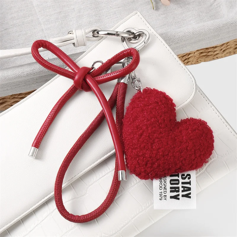 Sweet Plush Love Heart Bag Charm Keychain Pendant with Woven Rope Bow for Backpack Car Key Decoration Keyring