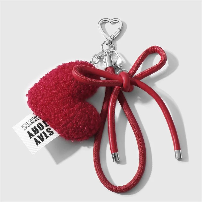 Sweet Plush Love Heart Bag Charm Keychain Pendant with Woven Rope Bow for Backpack Car Key Decoration Keyring