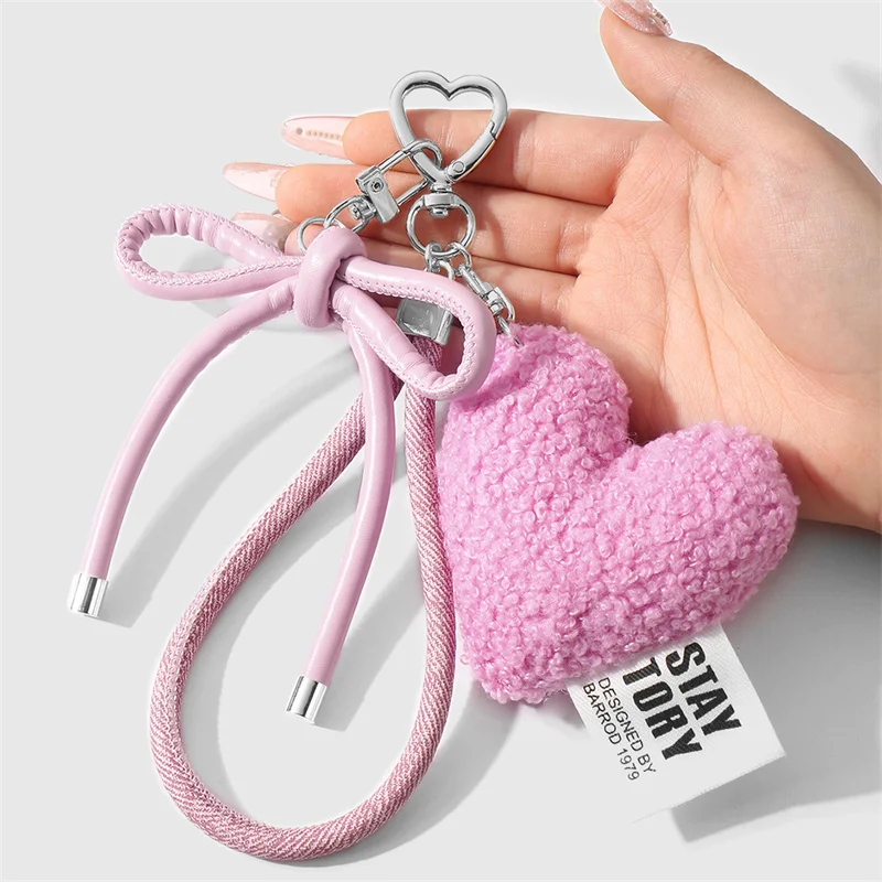 Sweet Plush Love Heart Bag Charm Keychain Pendant with Woven Rope Bow for Backpack Car Key Decoration Keyring