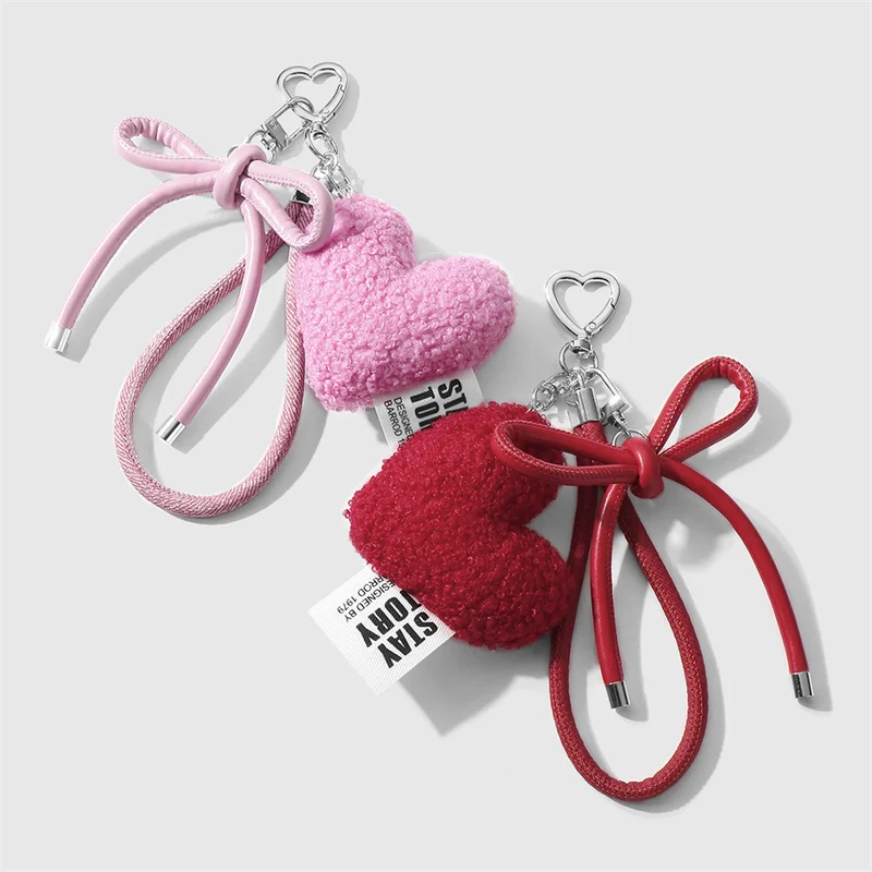 Sweet Plush Love Heart Bag Charm Keychain Pendant with Woven Rope Bow for Backpack Car Key Decoration Keyring