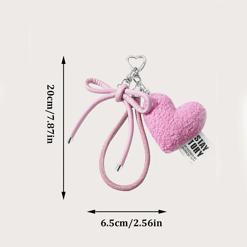 Sweet Plush Love Heart Bag Charm Keychain Pendant with Woven Rope Bow for Backpack Car Key Decoration Keyring