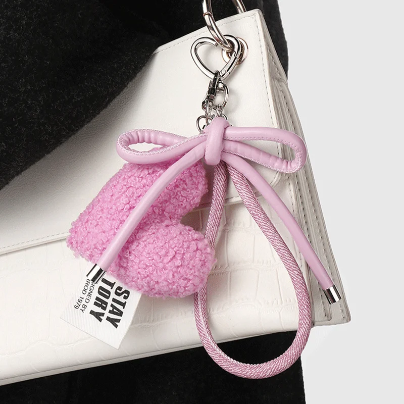 Sweet Plush Love Heart Bag Charm Keychain Pendant with Woven Rope Bow for Backpack Car Key Decoration Keyring