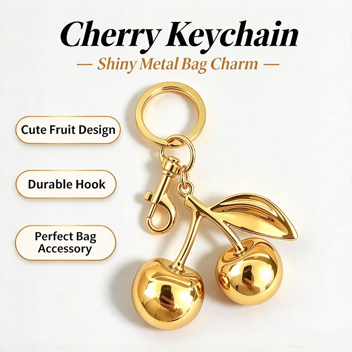 Fashion Gold Cherry Keychain Metal Cherry Bag Ornament Women Handbag Decor Car Key Ring Bag Pendant Accessory Gift