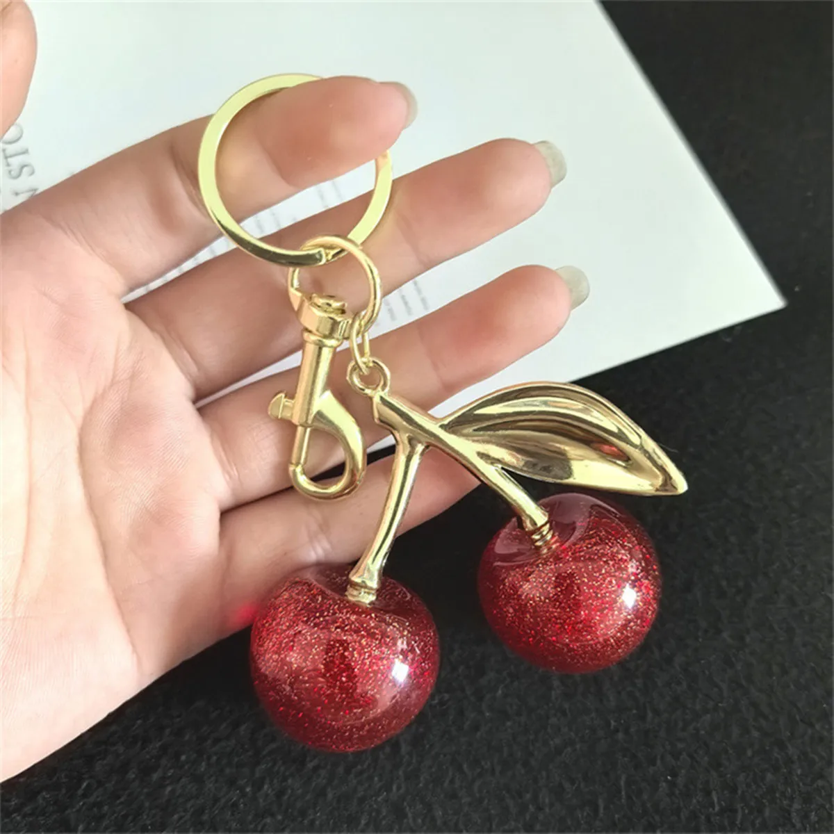 Fashion Gold Cherry Keychain Metal Cherry Bag Ornament Women Handbag Decor Car Key Ring Bag Pendant Accessory Gift