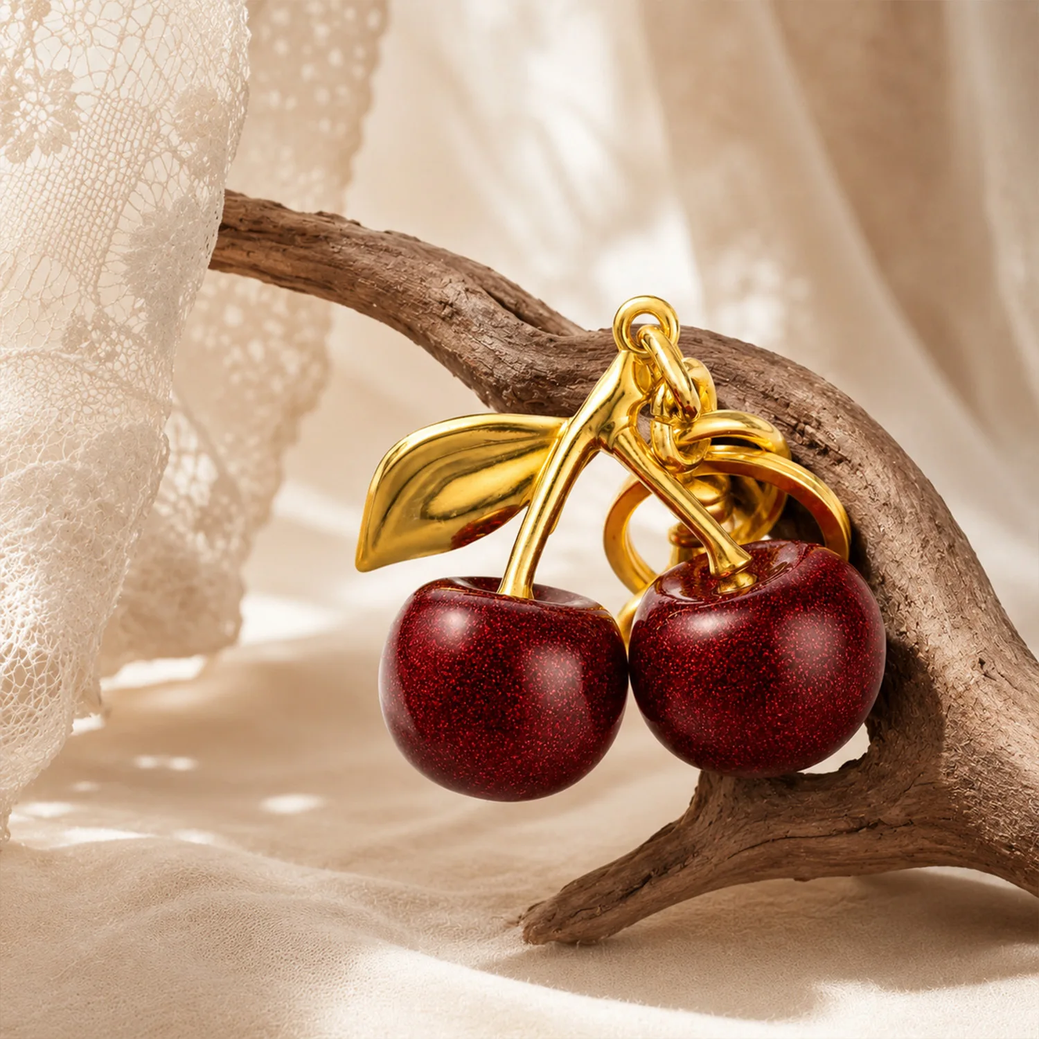 Fashion Gold Cherry Keychain Metal Cherry Bag Ornament Women Handbag Decor Car Key Ring Bag Pendant Accessory Gift