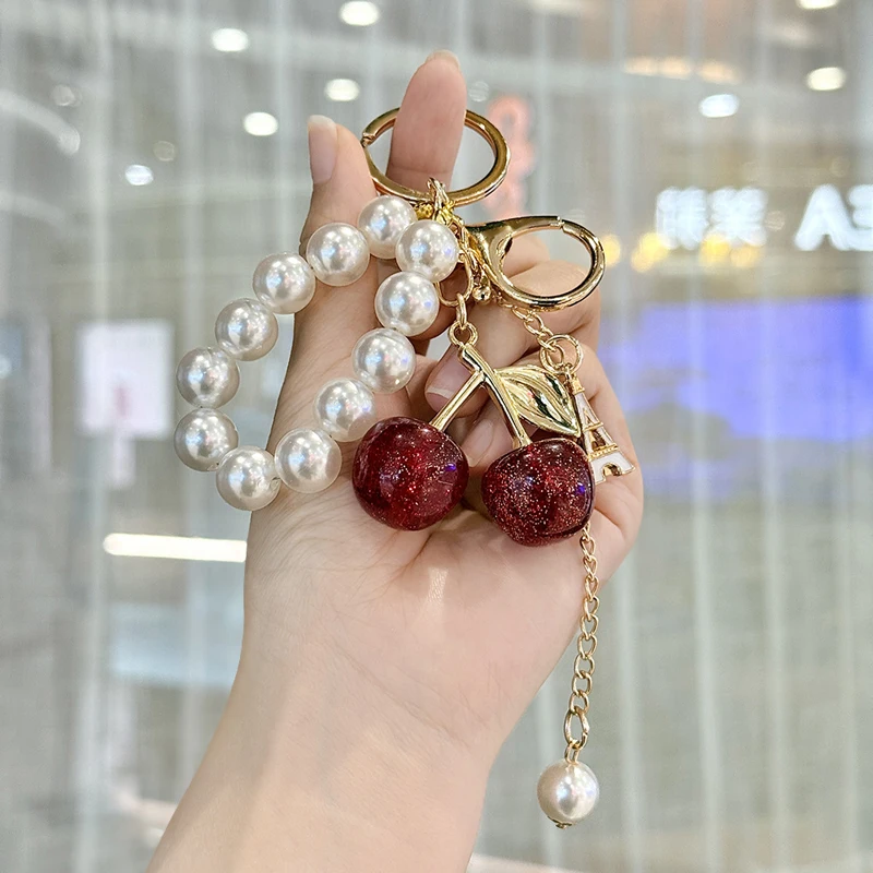 Exquisite High-End Simulated Cherry Pearl Beads Key Chain Bag Pendant Accessory for Mother's Day Holiday Gift