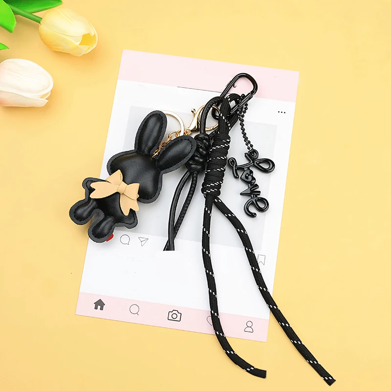 Adorable PU Leather Rabbit with Tiny Bow Bag Charm Keyring Cut Animal Pendant for Handbags & Backpak Design Hanging